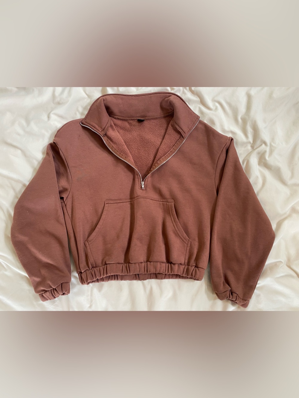SHEIN Mauve Half-Zip Fleeced Pullover with Kangaroo Pockets